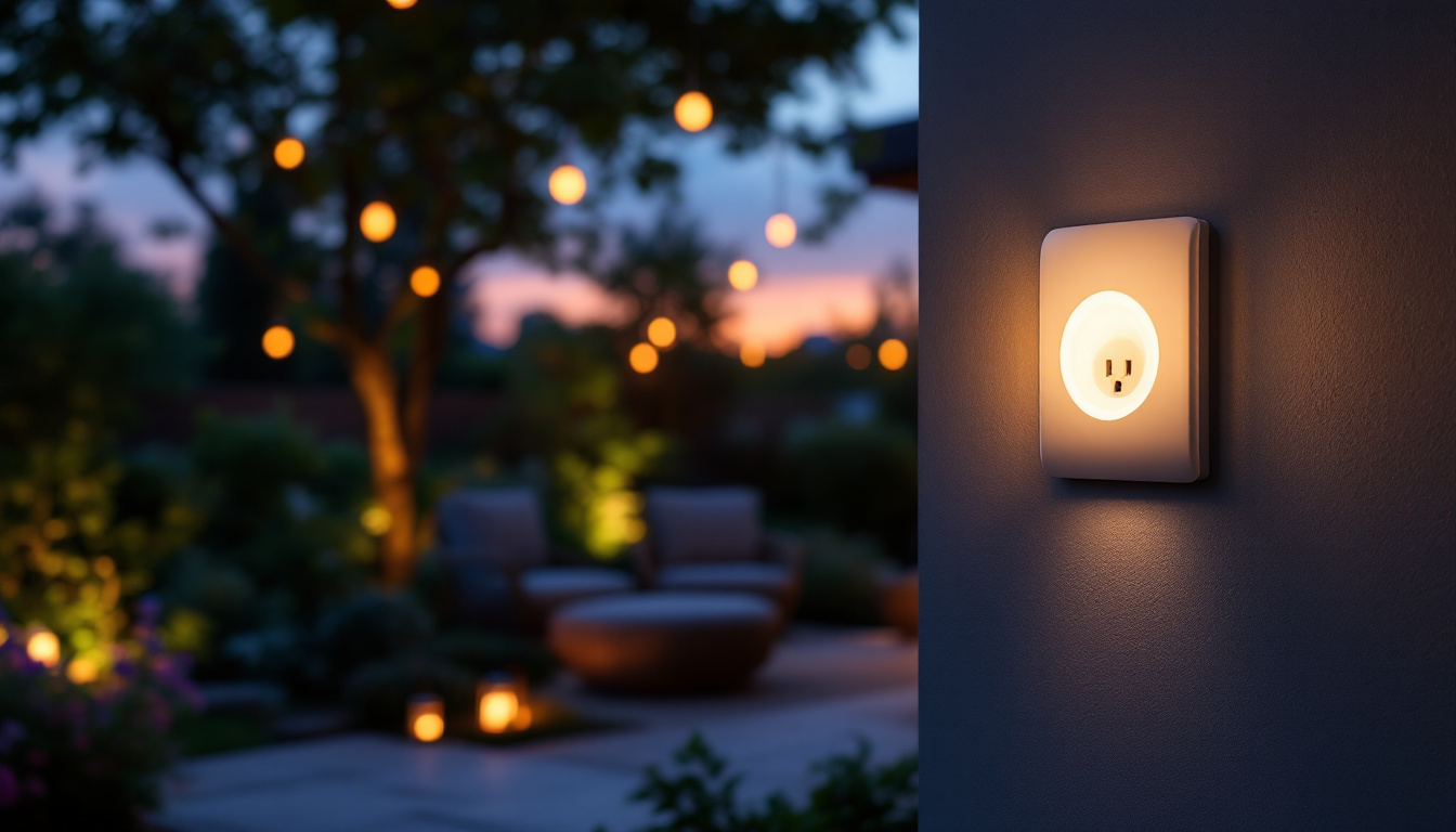 A photograph of an elegantly designed outdoor socket light illuminating a beautifully landscaped garden or patio at dusk