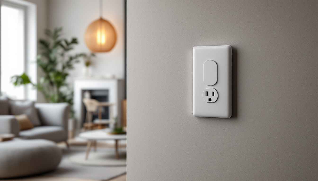 A photograph of a modern motion detector outlet installed in a stylish home setting