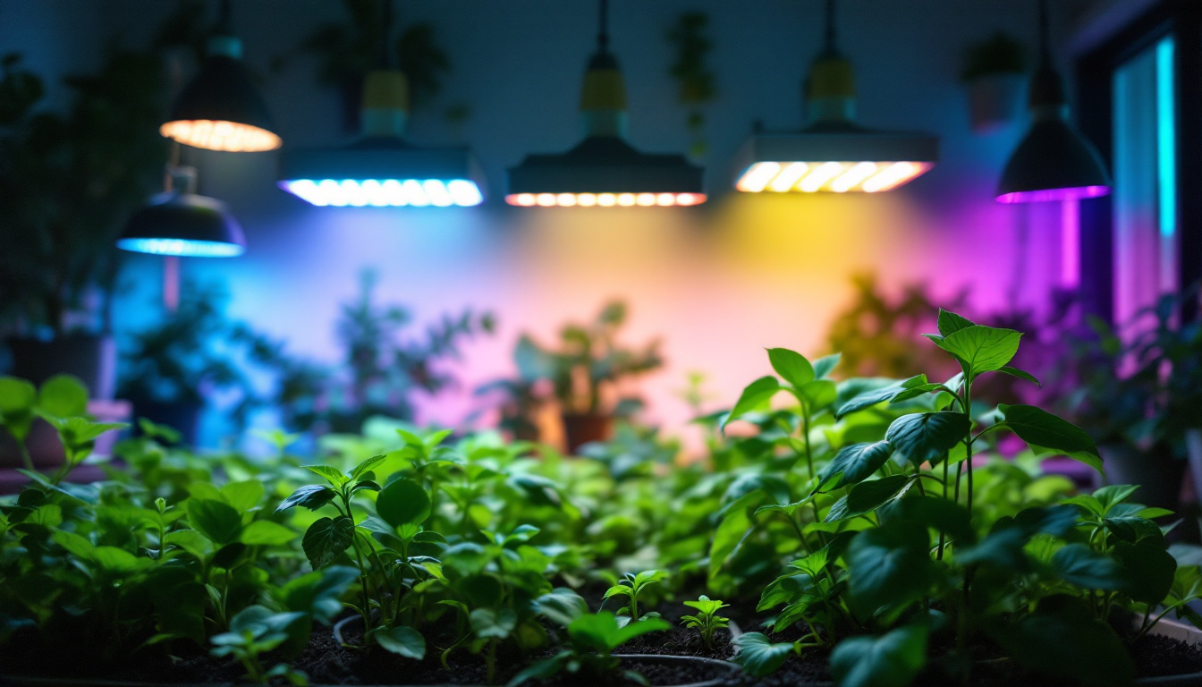 A photograph of a vibrant indoor garden scene illuminated by a variety of grow lights