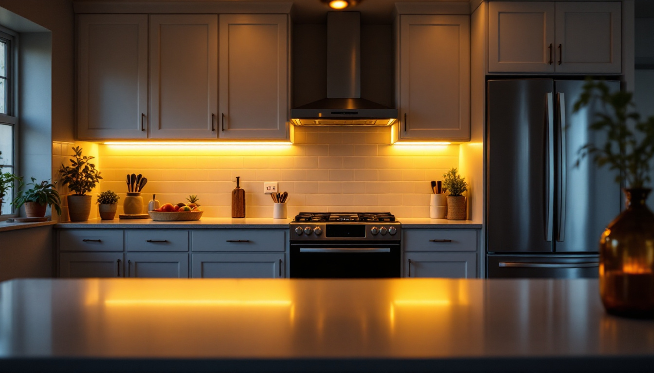 A photograph of a beautifully designed kitchen showcasing led tape under cabinet lighting
