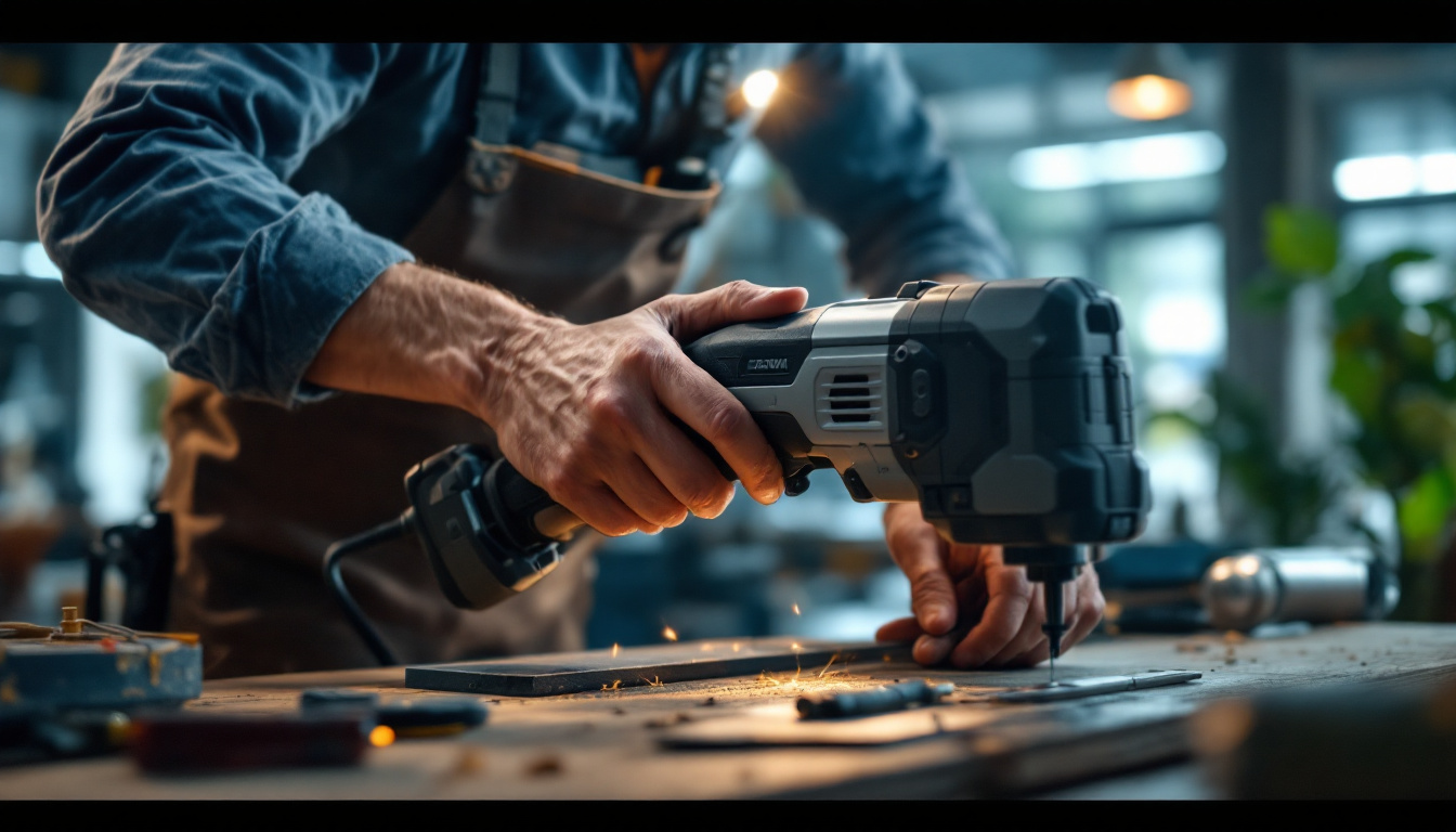 A photograph of a skilled tradesperson using a modern electrical hand tool in a well-lit workshop