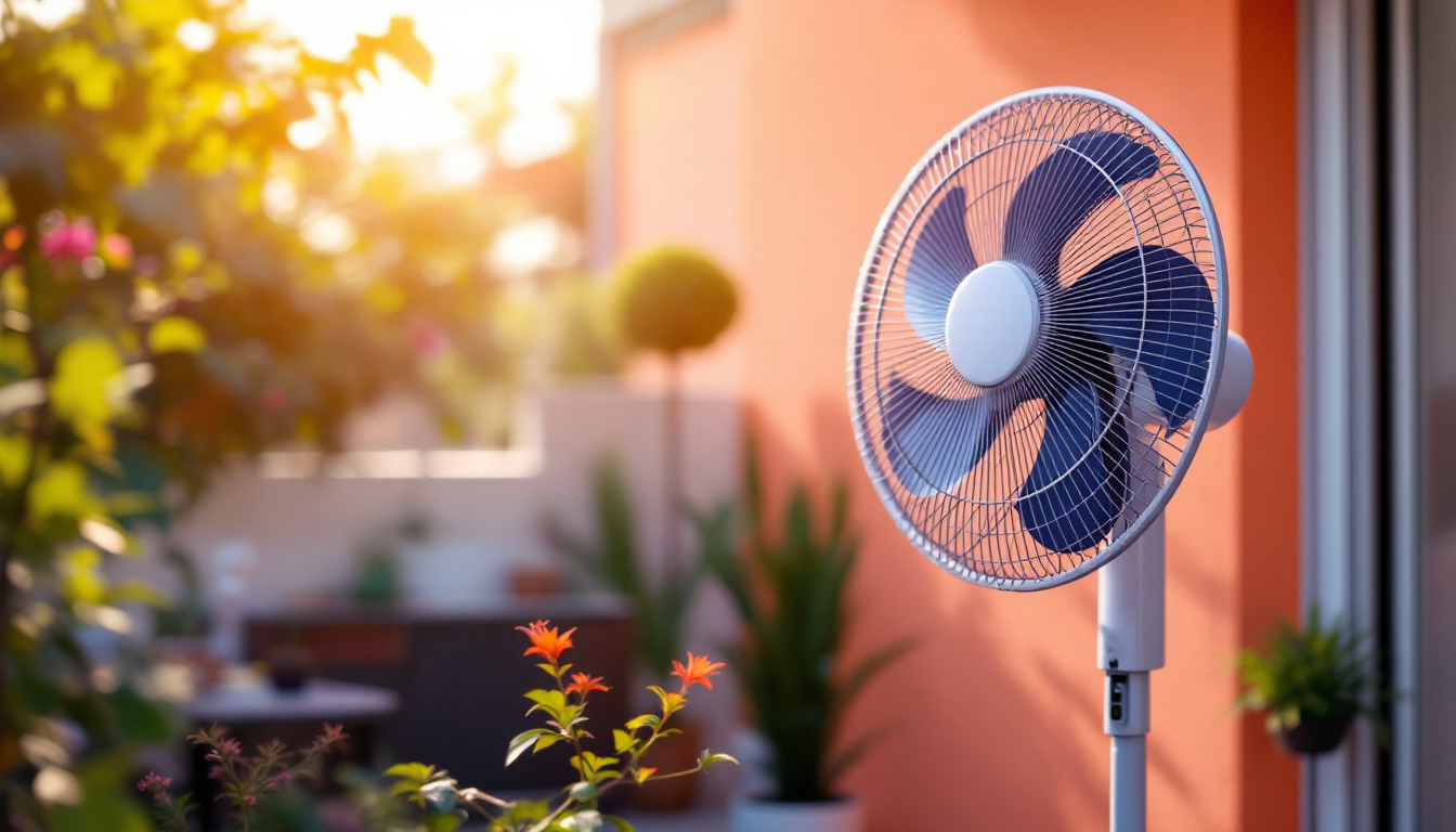 A photograph of a stylish solar-powered exterior fan installed in a vibrant outdoor setting