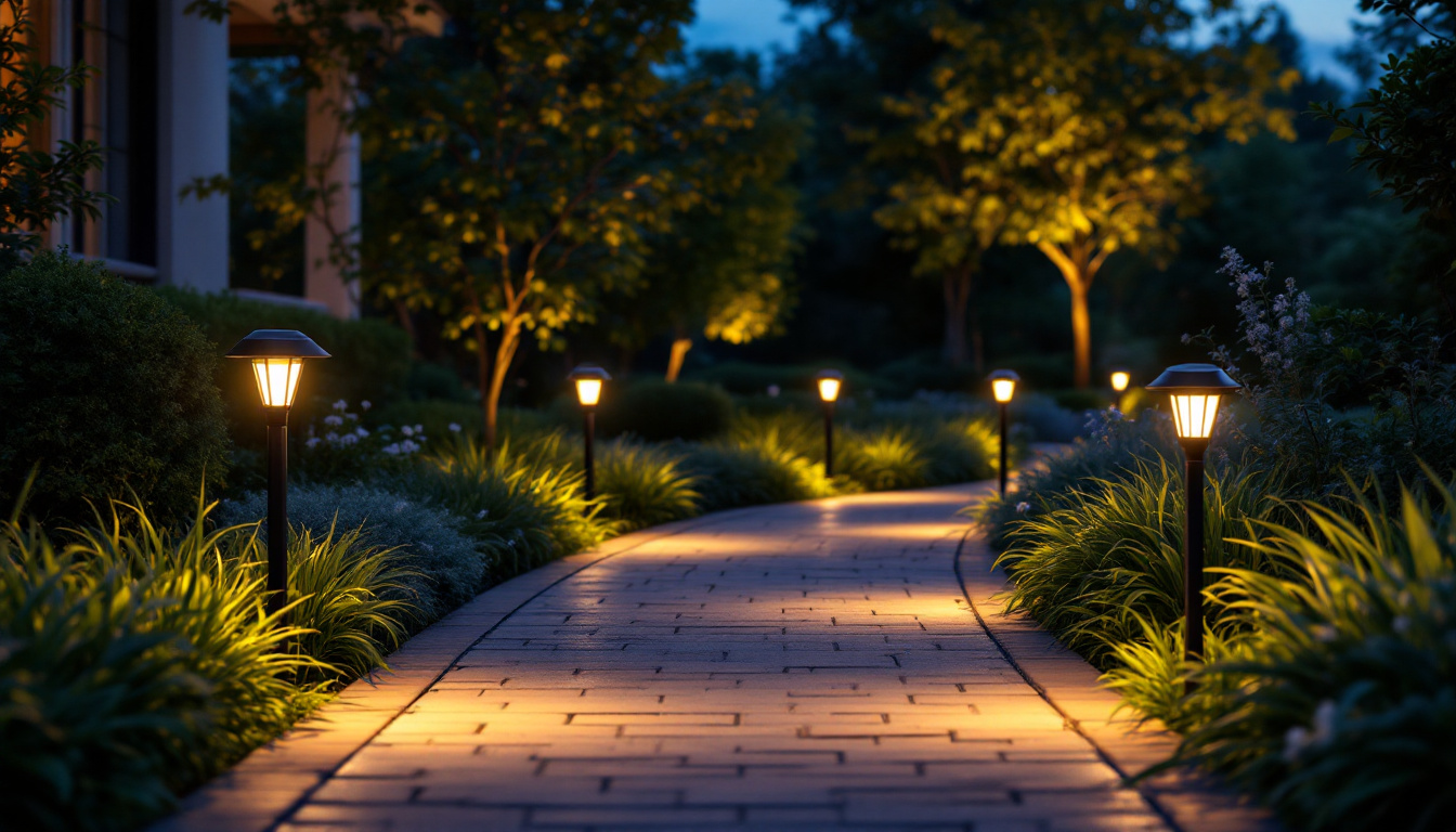 A photograph of a beautifully illuminated walkway at dusk