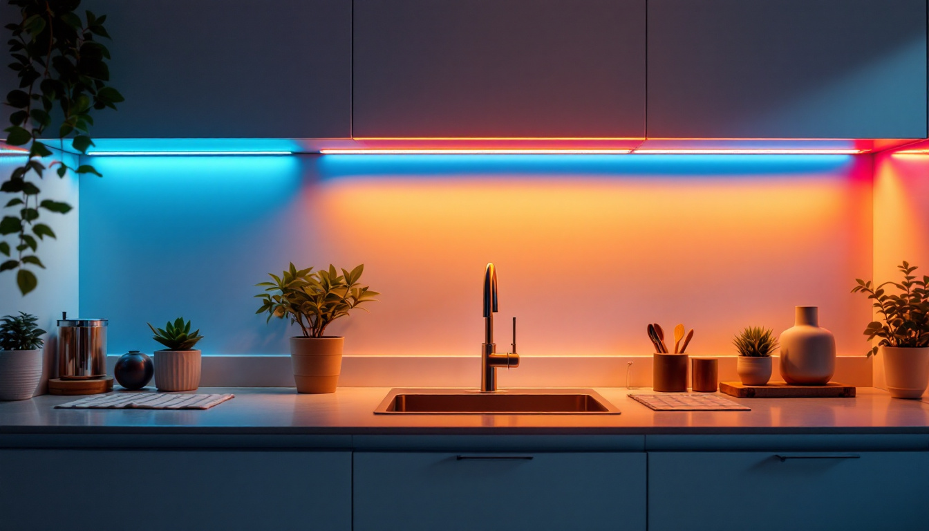 A photograph of a modern kitchen featuring sleek under-cabinet led lighting that highlights the countertop workspace