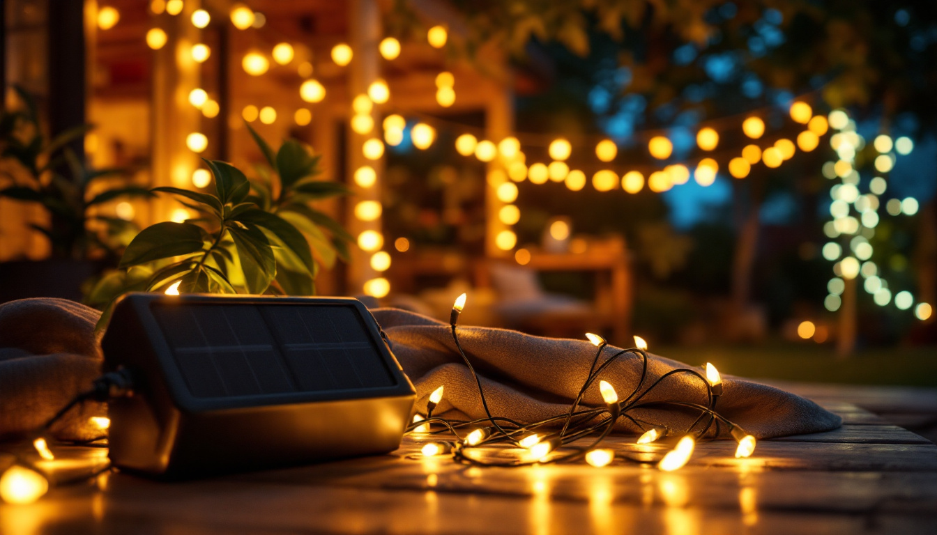 A photograph of a cozy outdoor setting illuminated by vibrant solar led light strings or ropes