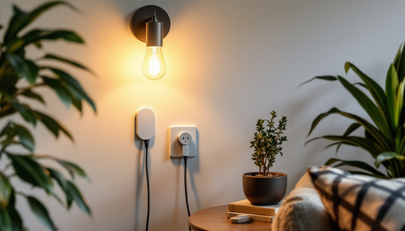 A photograph of a beautifully styled living space featuring a modern wall light fixture plugged in