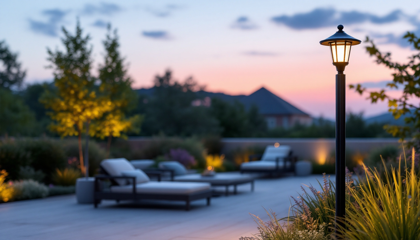 A photograph of a beautifully designed outdoor space featuring a stylish led post lantern