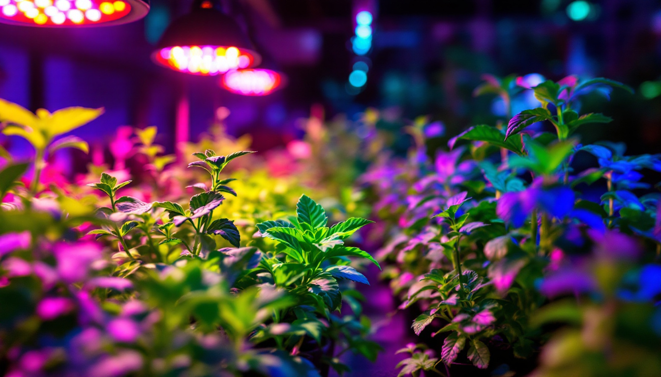 A photograph of a vibrant indoor garden illuminated by led grow lights