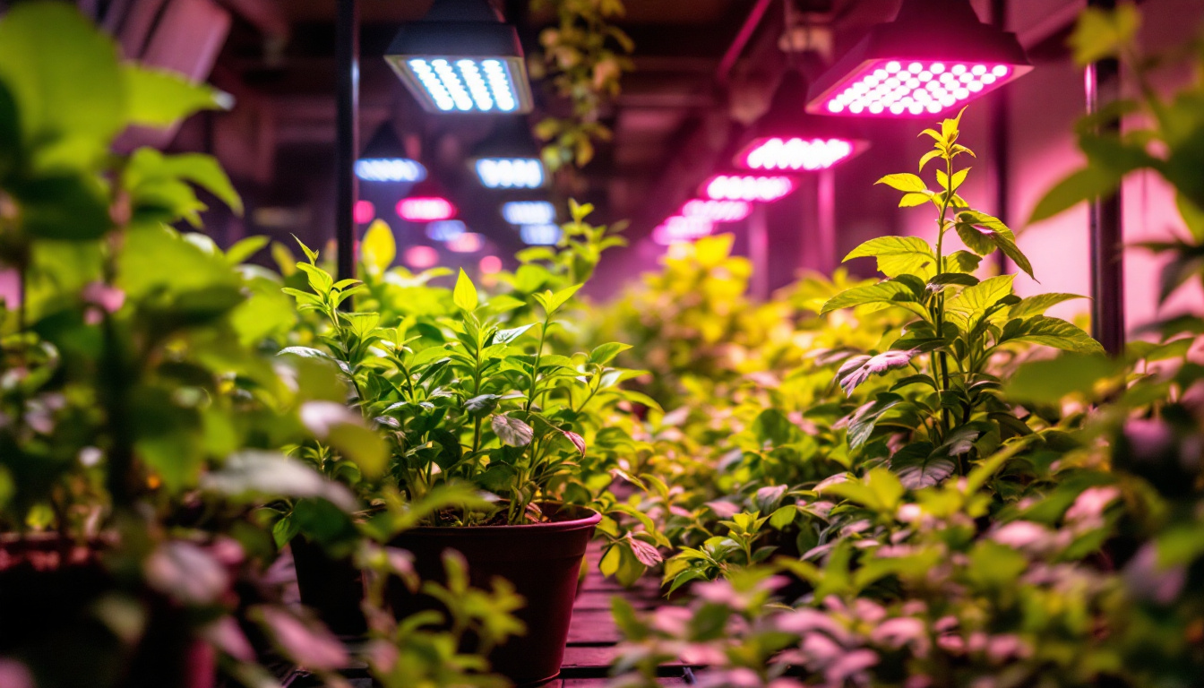 A photograph of a vibrant indoor garden scene illuminated by a variety of led grow lights