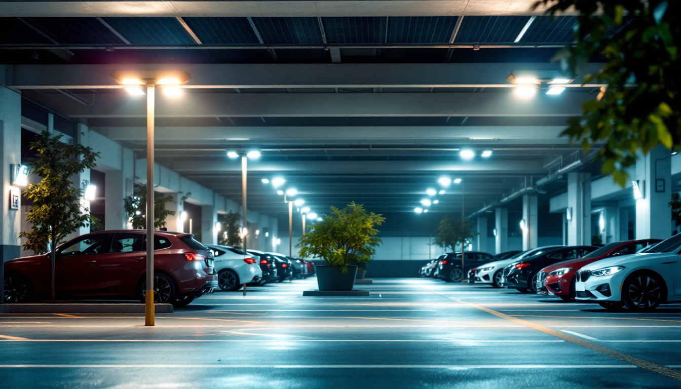 A photograph of capture a photograph of a modern parking lot illuminated by solar-powered lighting