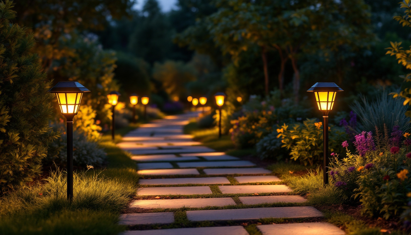 A photograph of a beautifully illuminated garden path featuring various styles of solar path lights in use during twilight
