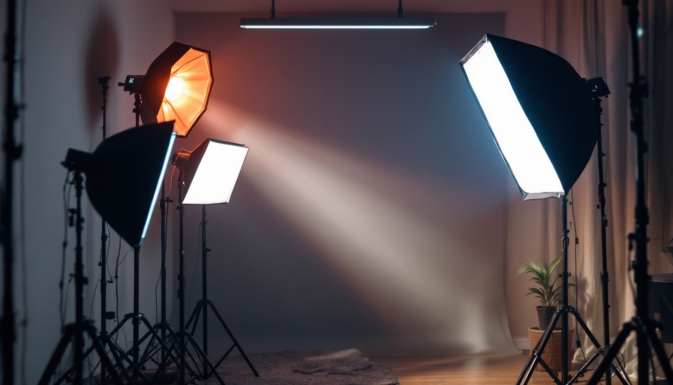 A photograph of a well-lit scene showcasing various lighting accessories