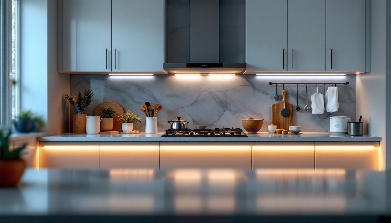 A photograph of a modern kitchen featuring illuminated led under-counter strip lights