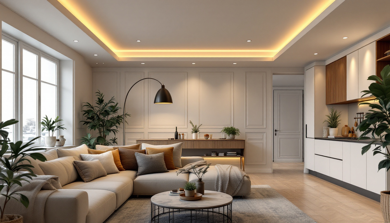 A photograph of a beautifully designed living space featuring flush mount can lights