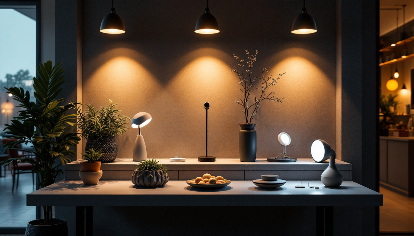 A photograph of a well-lit display of various innovative lighting solutions in a modern setting