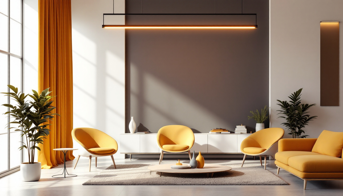 A photograph of a stylish interior space featuring linear suspension lighting as a focal point