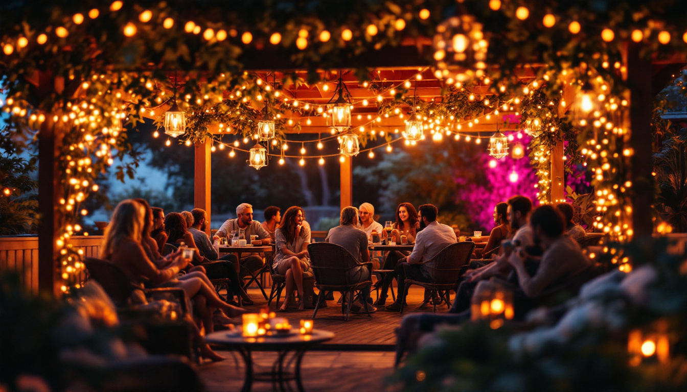 A photograph of a cozy outdoor setting featuring a beautifully lit covered patio adorned with string lights