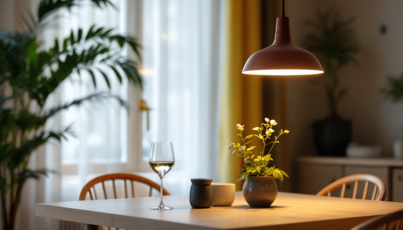 A photograph of a beautifully styled dining space featuring a modern light pendant as the focal point