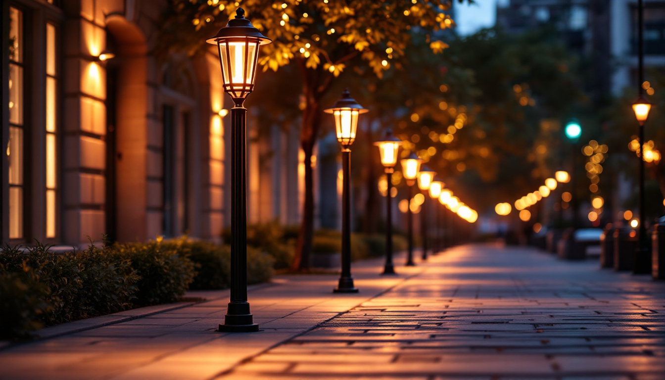 A photograph of a beautifully illuminated sidewalk scene featuring stylish sidewalk lamps that enhance the ambiance