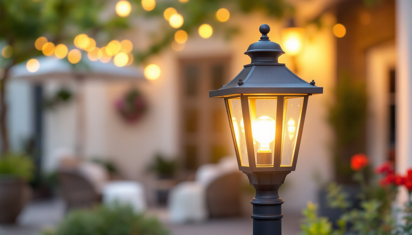 A photograph of a beautifully designed post light fixture illuminating a charming outdoor space