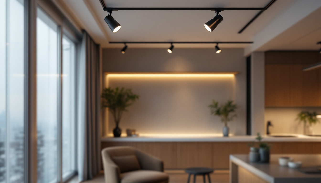 A photograph of a stylishly designed interior space featuring track head lights
