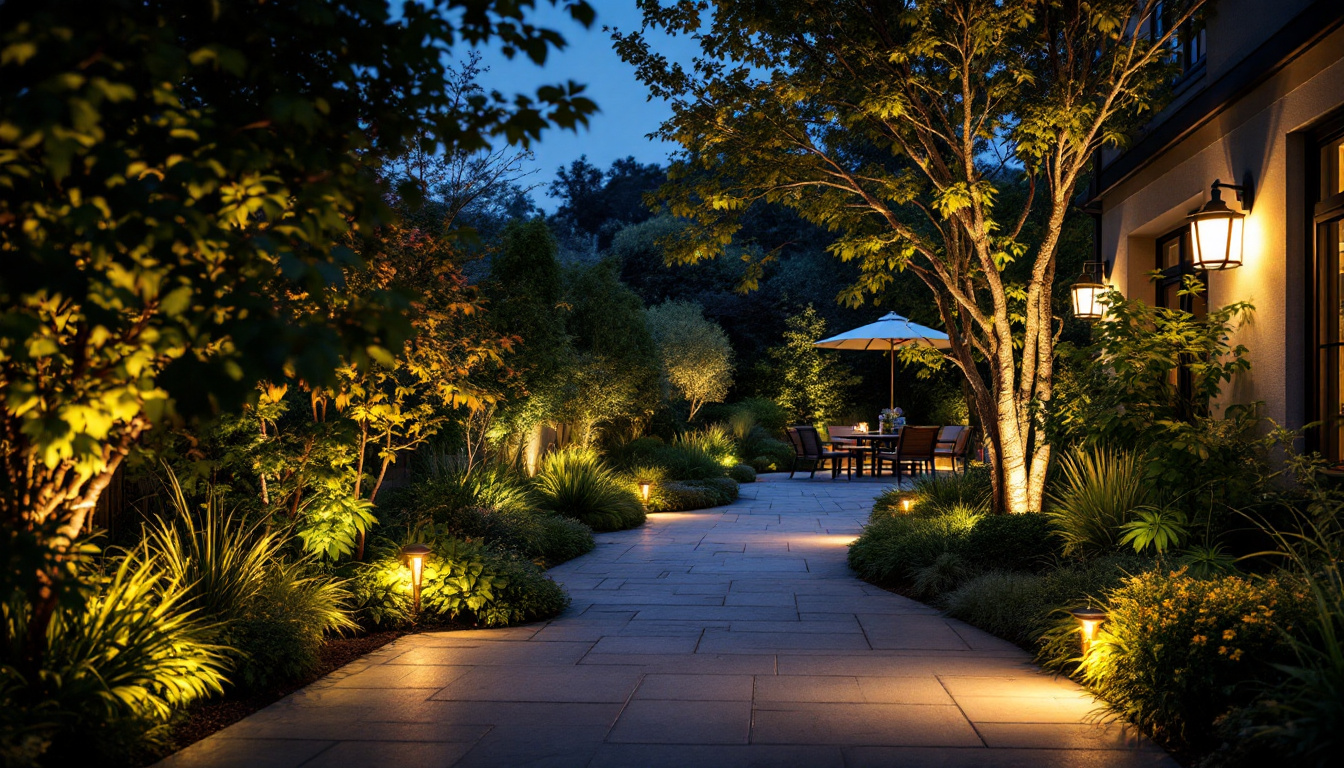 A photograph of a beautifully illuminated outdoor space showcasing various smart lighting solutions