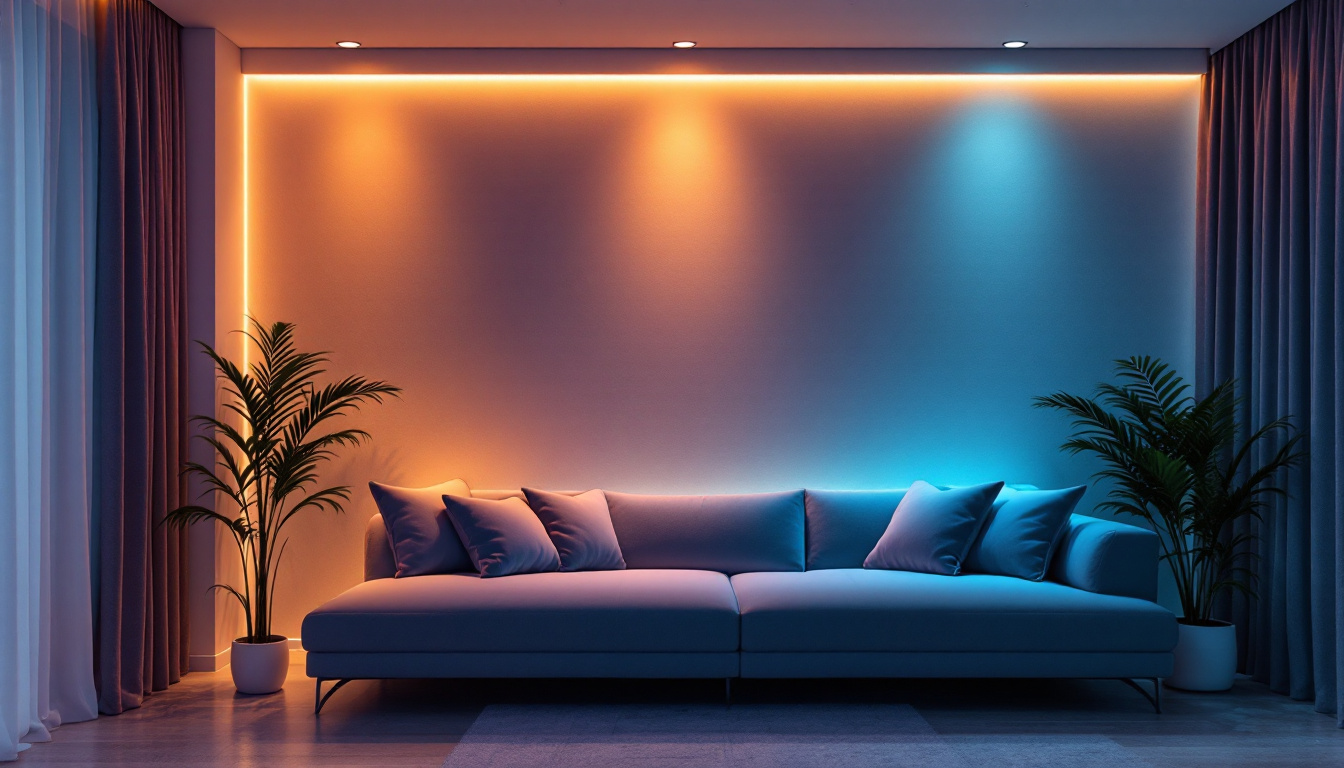 A photograph of a stylishly designed interior space featuring led wall lighting that highlights the textures and colors of the walls