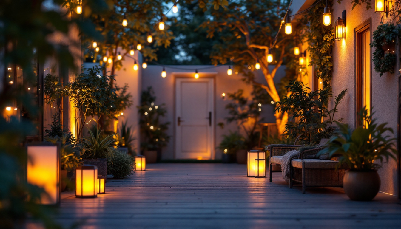 A photograph of a beautifully lit outdoor space featuring various battery-powered lights