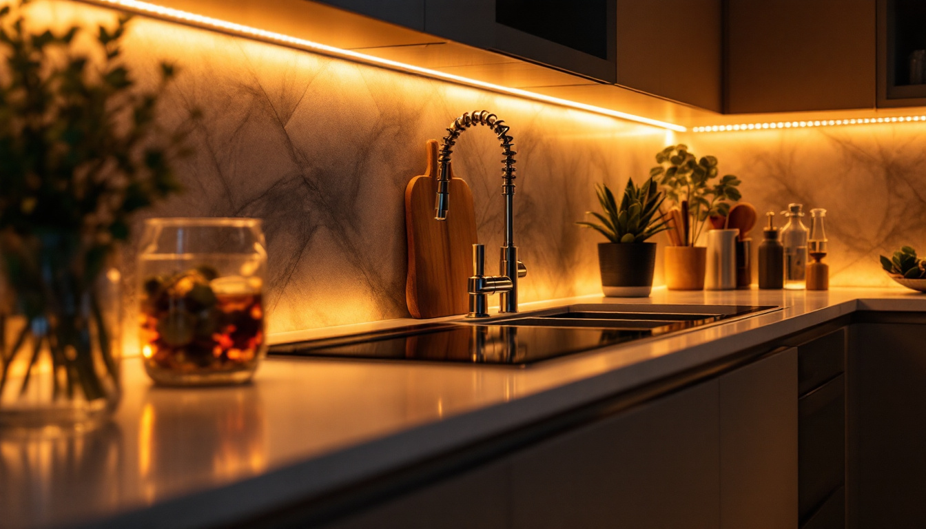 A photograph of a stylish kitchen or living space illuminated by vibrant under counter led light strips