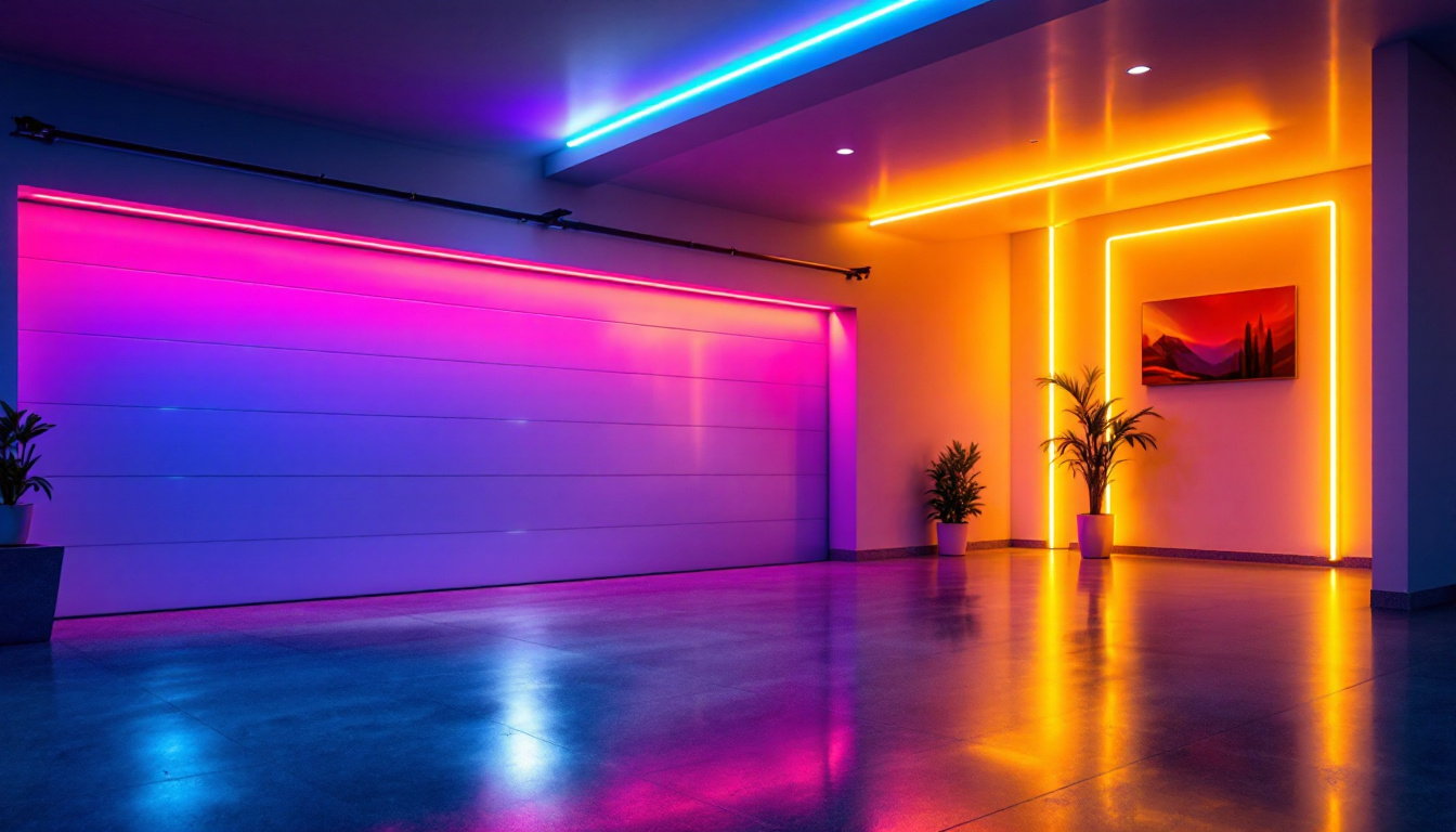 A photograph of a modern garage illuminated by sleek