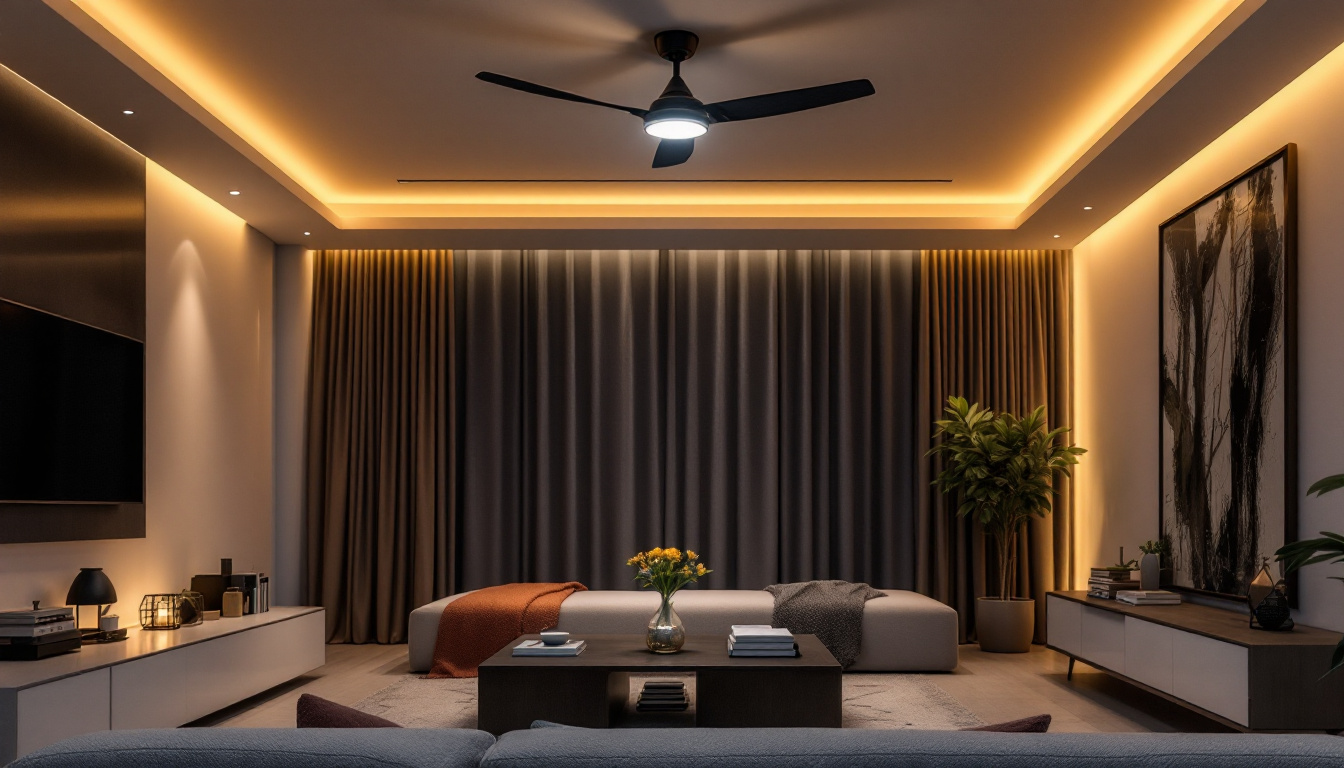 A photograph of a stylishly designed living space featuring a ceiling fan with integrated light fixtures