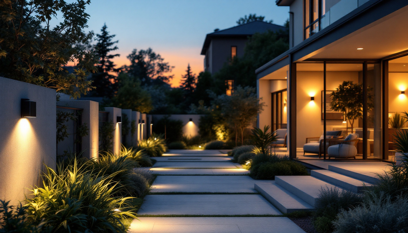 A photograph of a beautifully designed outdoor space featuring strategically placed motion sensor security lights