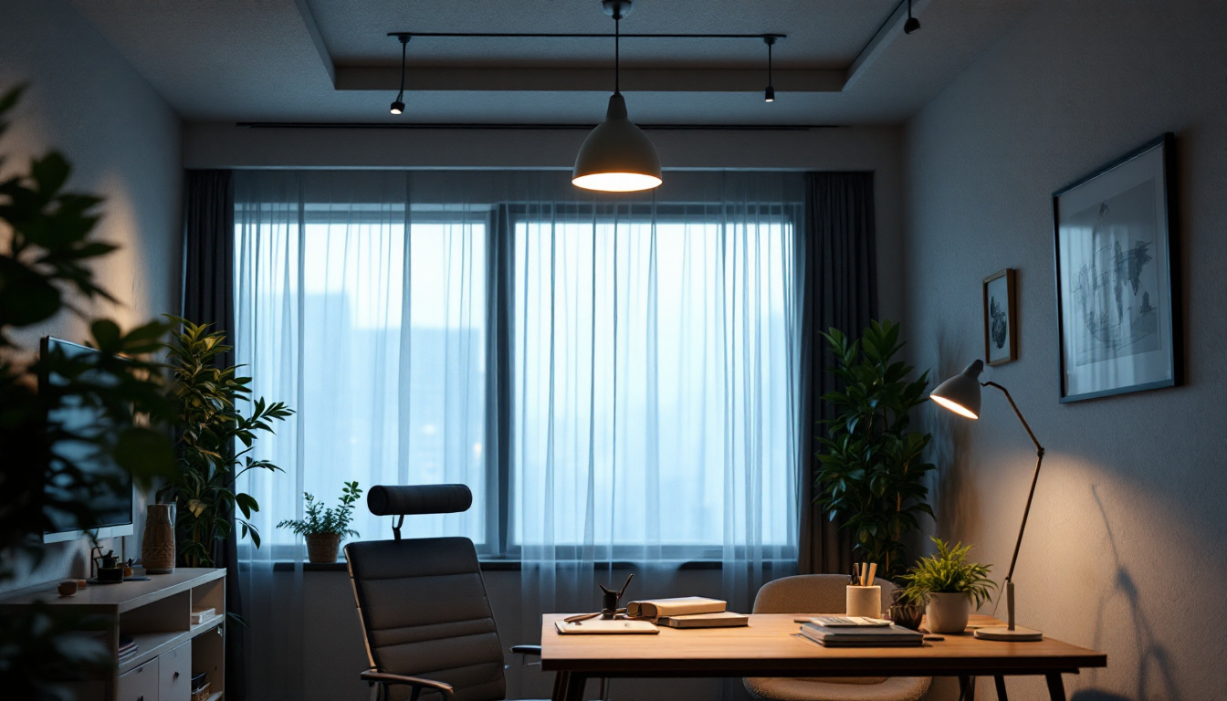 A photograph of a stylish home office featuring a well-designed ceiling lighting fixture that enhances the workspace ambiance