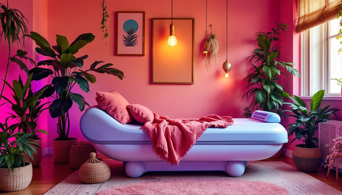 A photograph of a creatively repurposed tanning bed set up in a vibrant