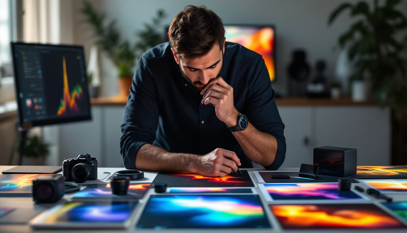 A photograph of a photographer thoughtfully examining various color management hardware and software solutions displayed on a table