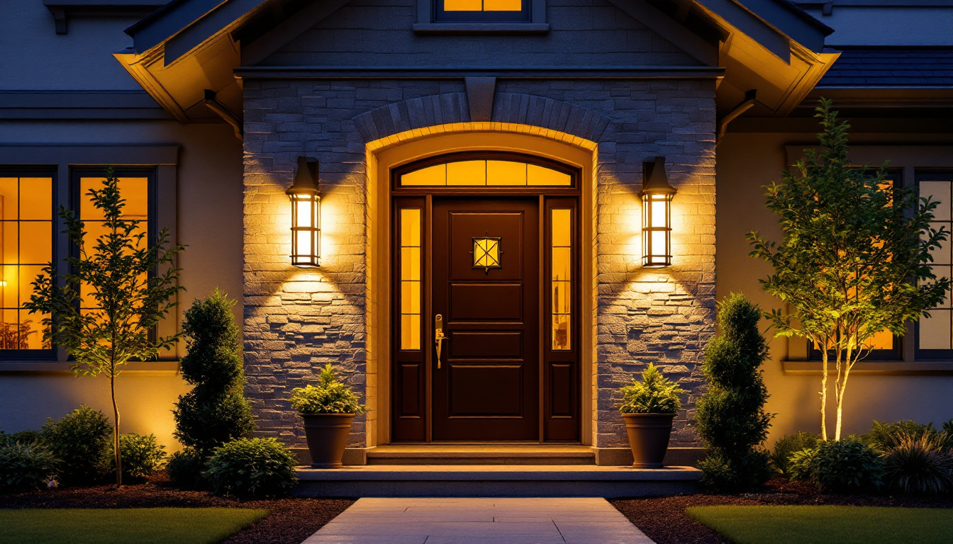 A photograph of a beautifully illuminated front door with stylish outdoor lighting fixtures