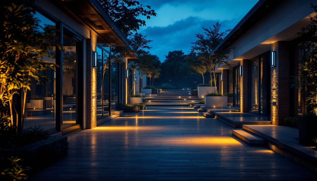 A photograph of a beautifully illuminated outdoor space featuring strategically placed led flood lights