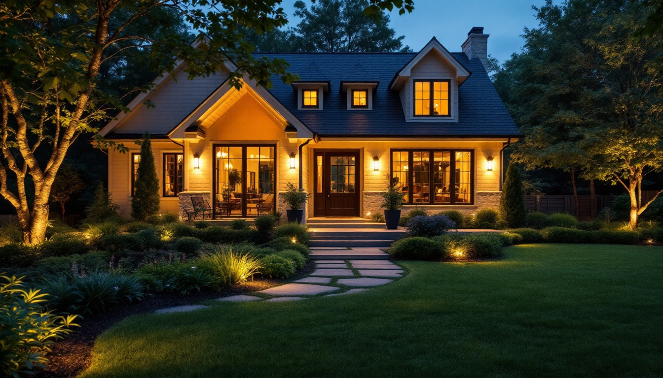 A photograph of a beautifully lit outdoor space featuring strategically placed led house lights that enhance the architectural features of a home
