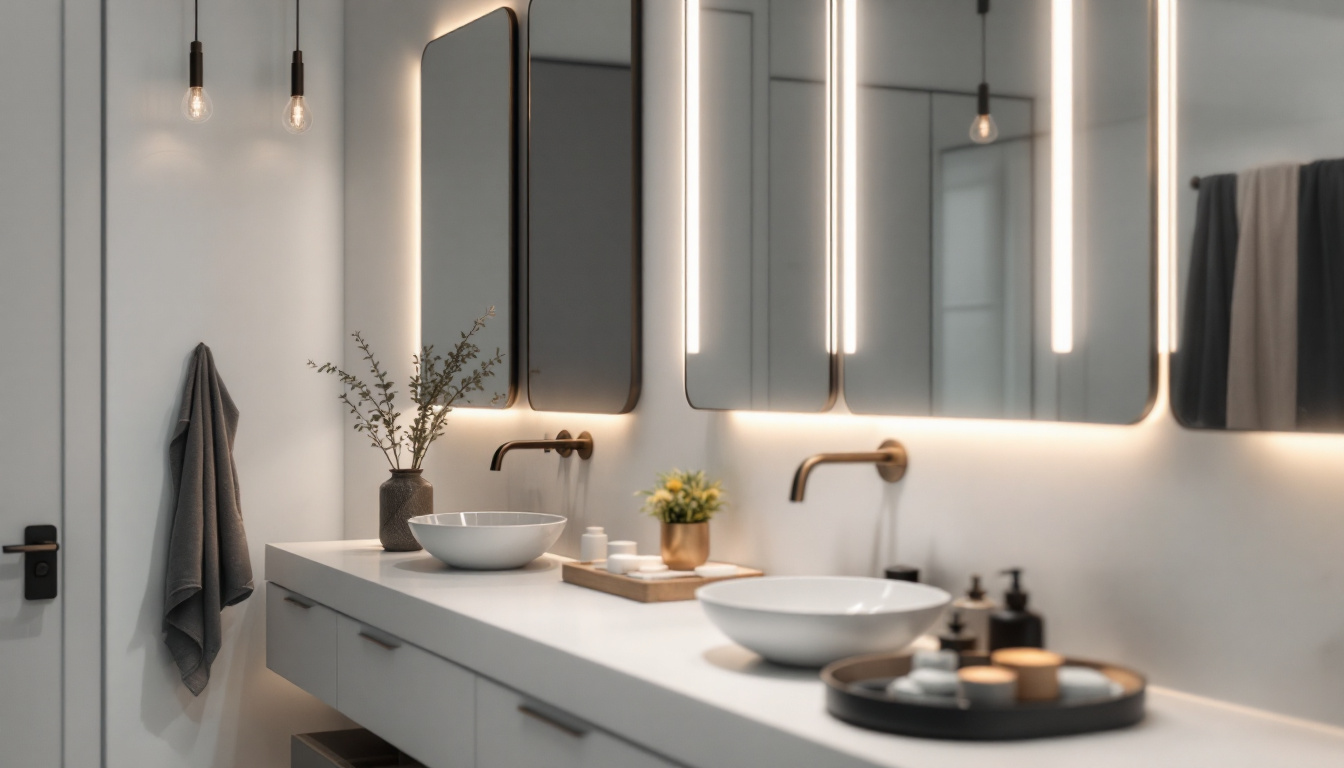 A photograph of a beautifully designed bathroom featuring stylish vanity lights that enhance the space's functionality and aesthetic appeal