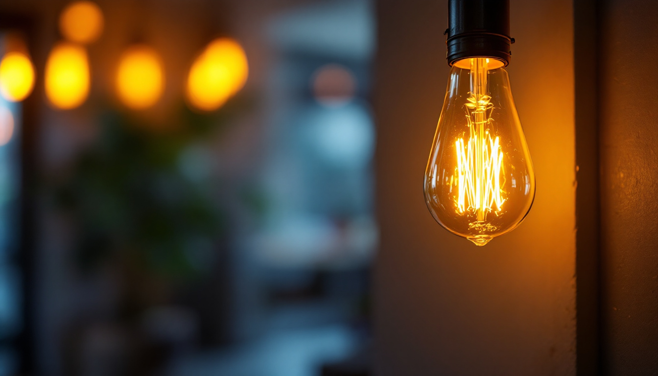 A photograph of a vintage-style light bulb glowing warmly against a modern backdrop