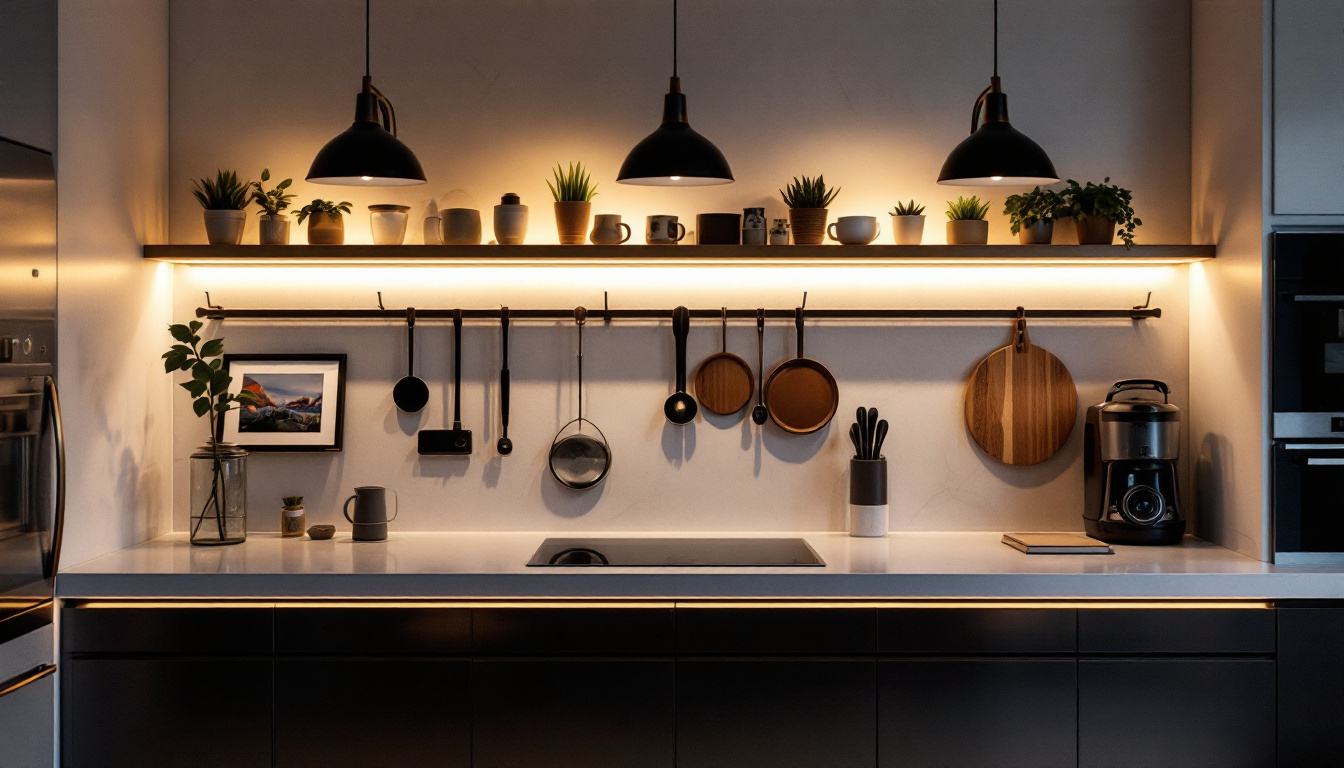 A photograph of a stylish kitchen or workspace featuring sleek under counter led lighting that highlights the functionality and aesthetic appeal of the space