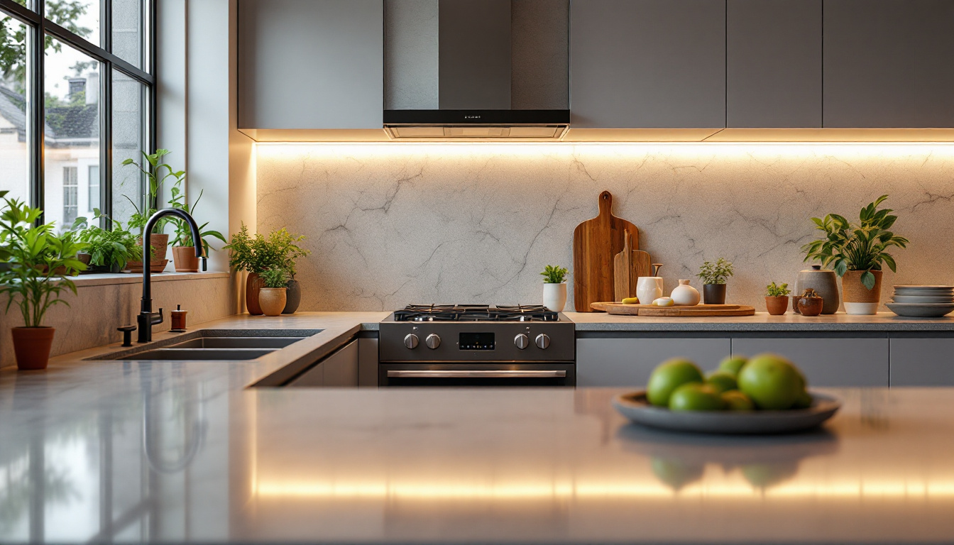 A photograph of a beautifully designed kitchen featuring stylish under-counter lights that illuminate the countertops