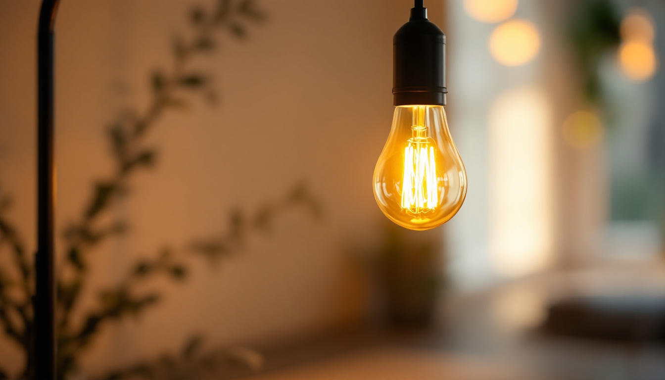 A photograph of a standard light bulb with an e26 base installed in a stylish lamp