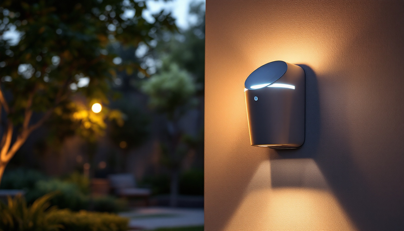A photograph of a modern fo1 motion sensor installed in a stylish outdoor setting