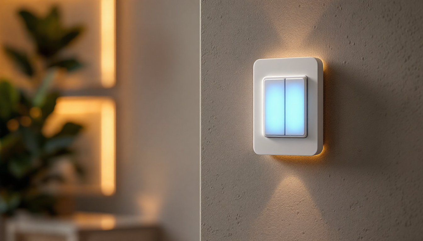 A photograph of a modern home control light switch in action