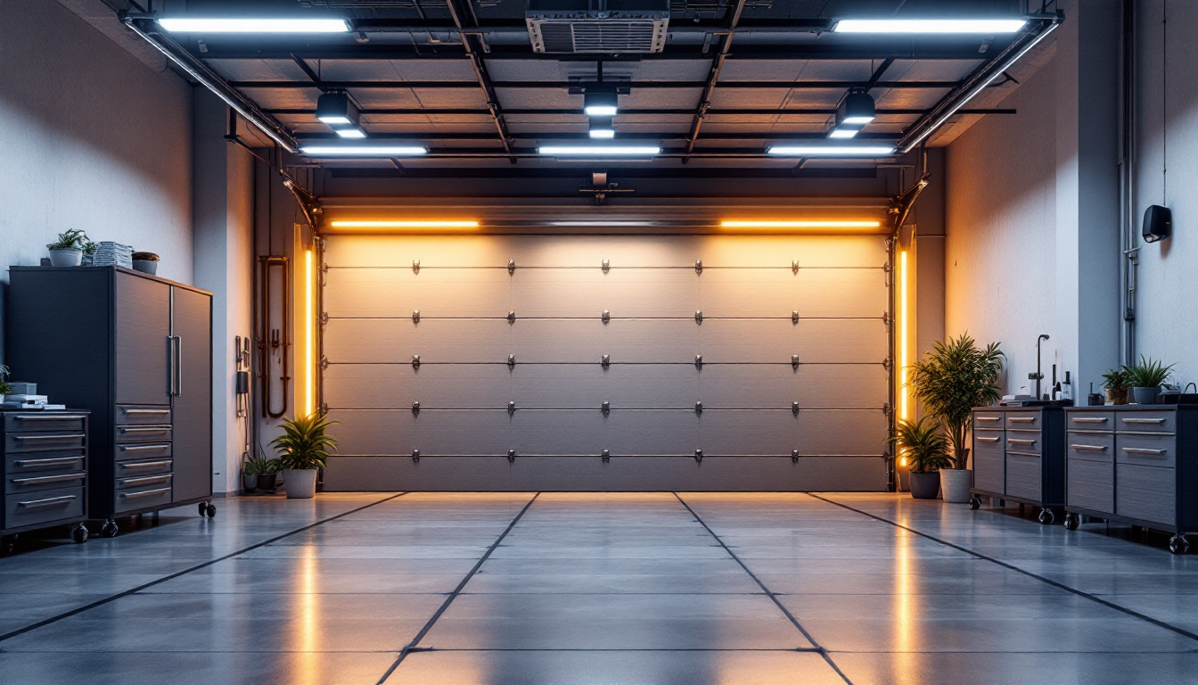 A photograph of a well-lit garage showcasing sleek led lighting fixtures that highlight the space's modern design