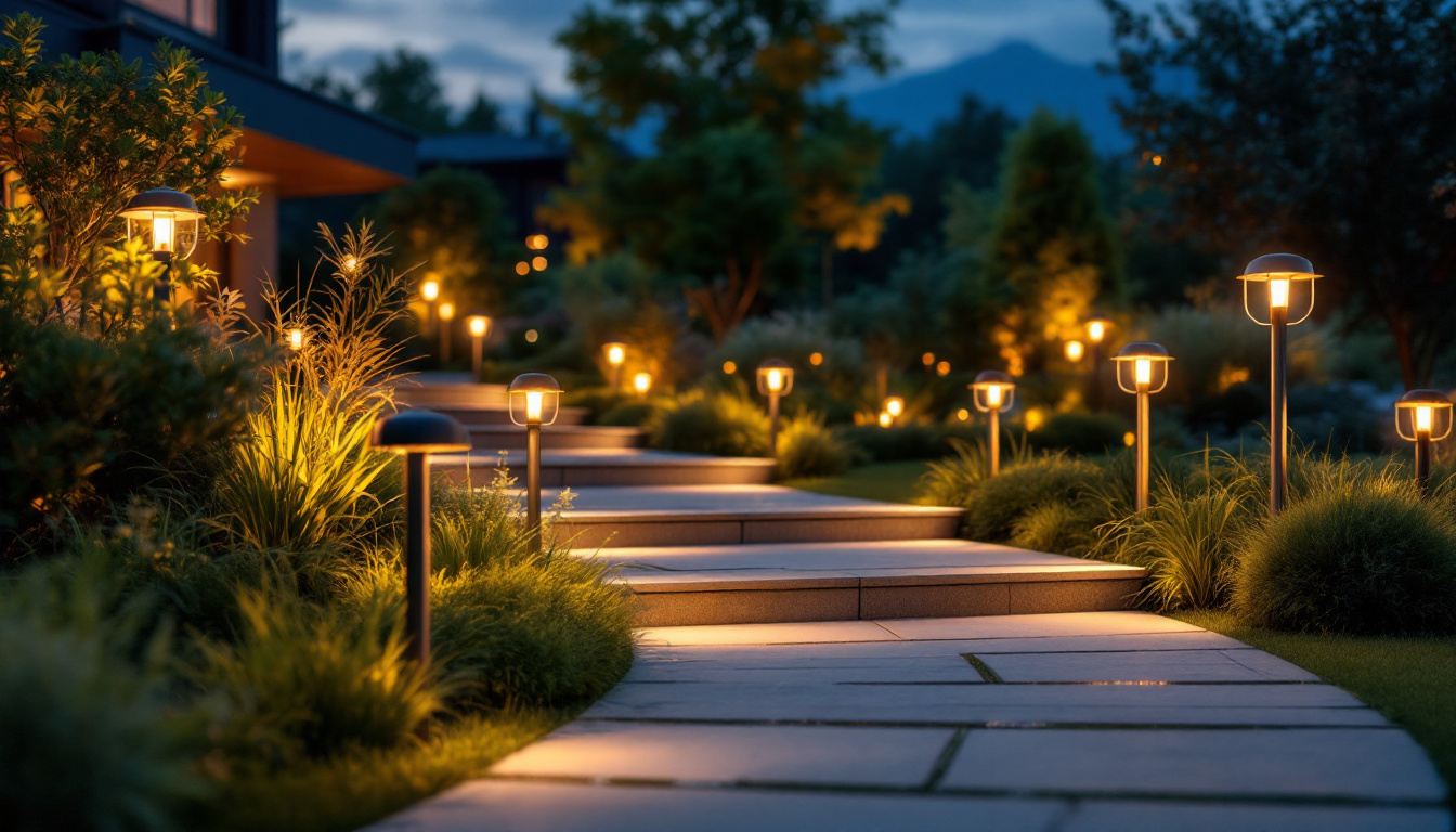 A photograph of a beautifully landscaped outdoor space featuring a variety of stylish step light fixtures illuminating the pathway