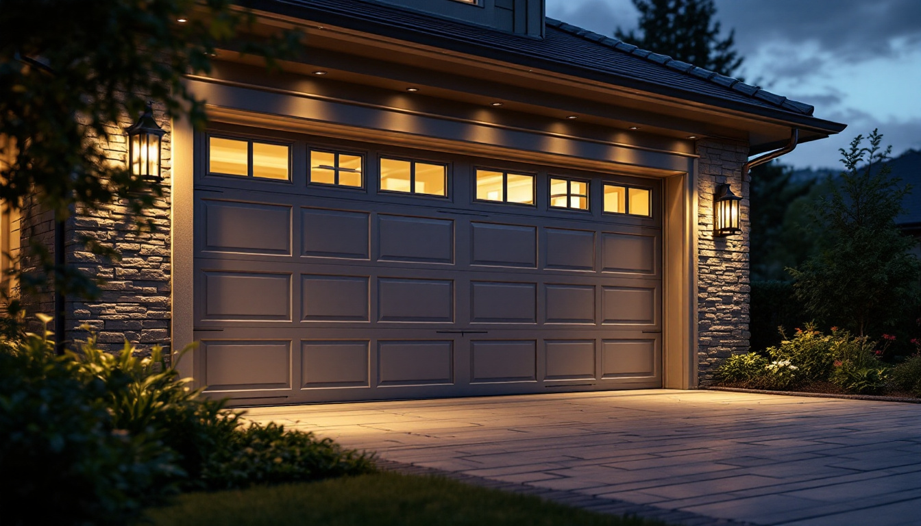 A photograph of a beautifully illuminated garage door at dusk