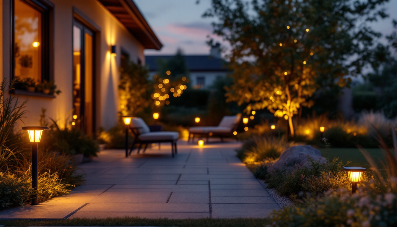 A photograph of a beautifully illuminated outdoor space featuring solar cell lights in use