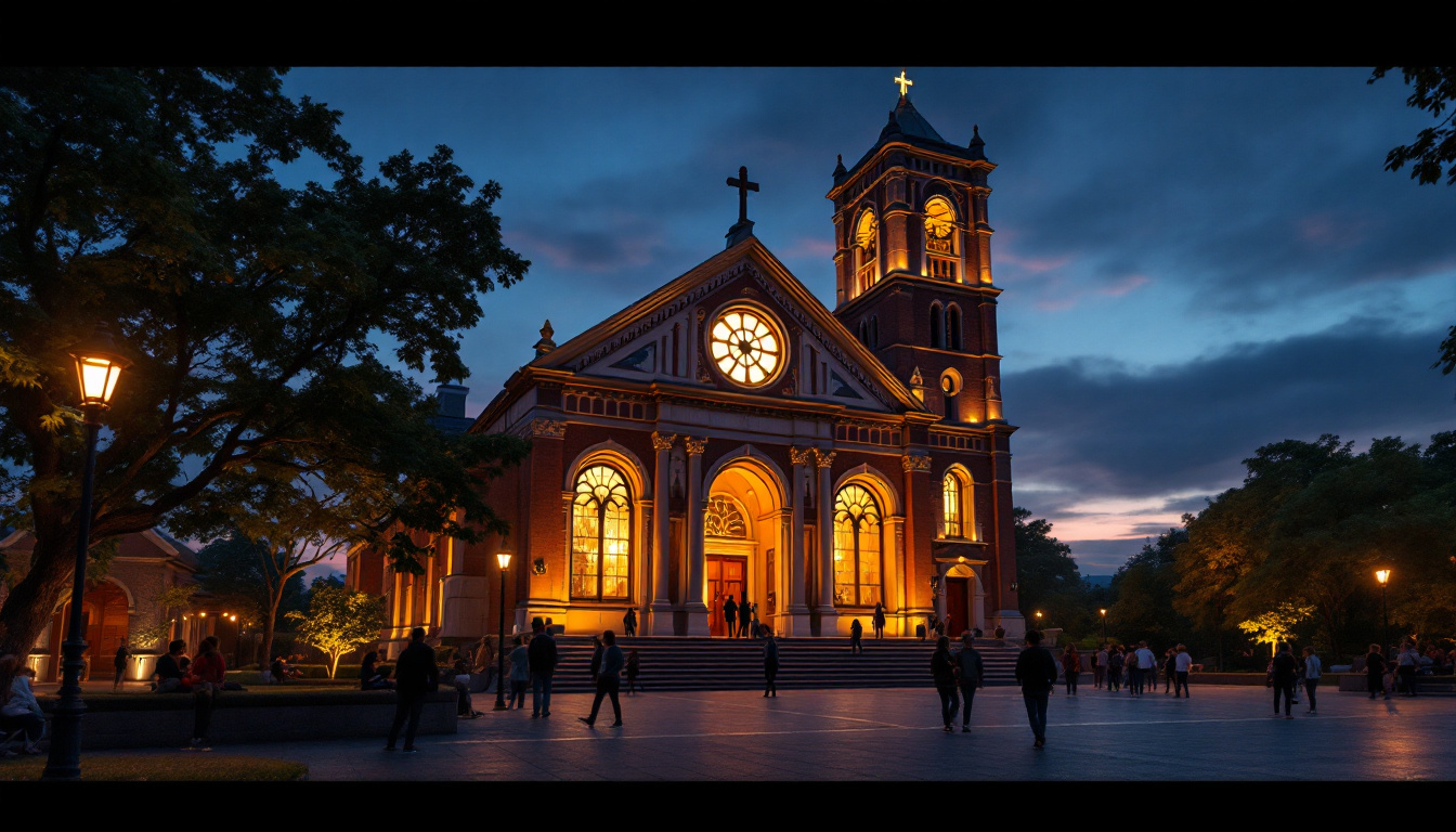 A photograph of a beautifully illuminated church interior or exterior during twilight
